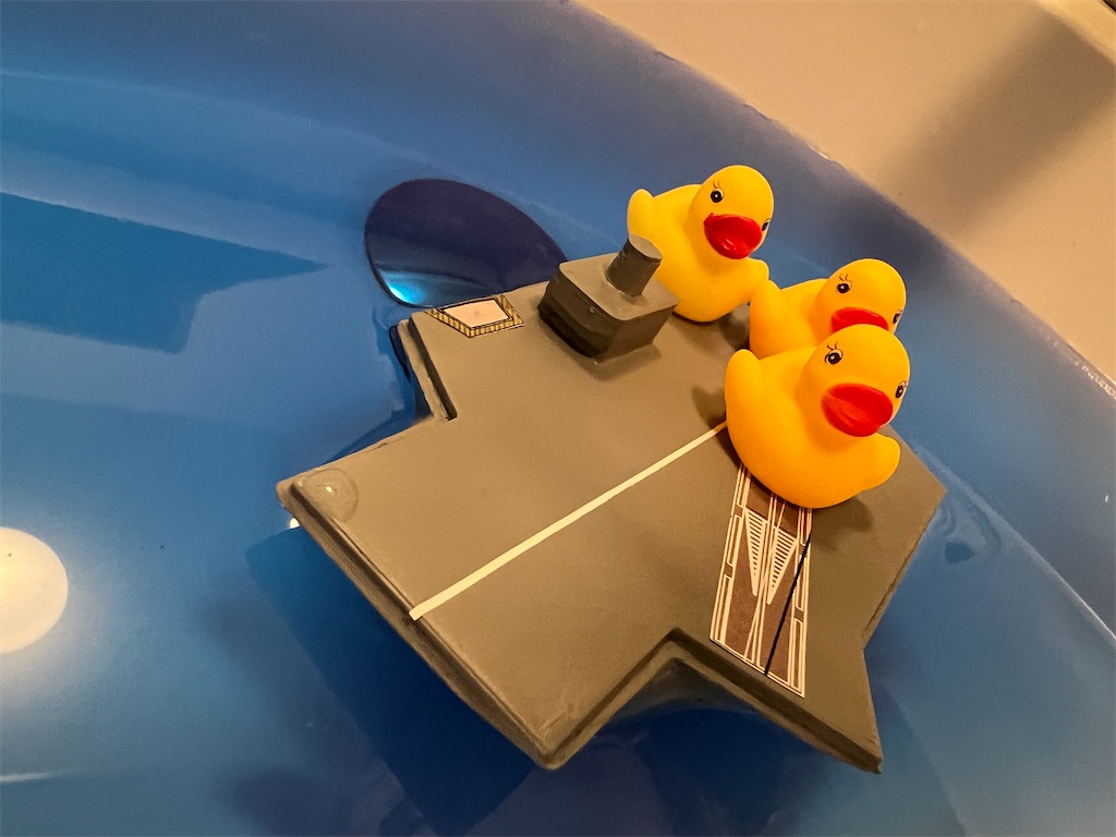 Duck aircraft carrier playing in the bath